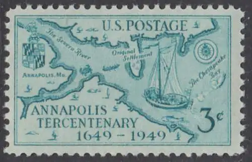 USA Michel 0598 / Scott 0984 postfrisch EINZELMARKE (a1) - 300. Jahrestag der Gründung von Annapolis, MD; James Stodderts Landkarte mit der Mündung des Severn von 1718