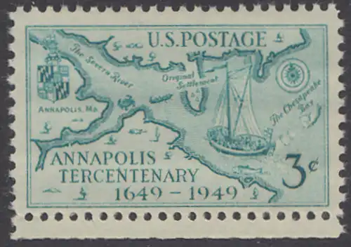 USA Michel 0598 / Scott 0984 postfrisch EINZELMARKE RAND unten - 300. Jahrestag der Gründung von Annapolis, MD; James Stodderts Landkarte mit der Mündung des Severn von 1718