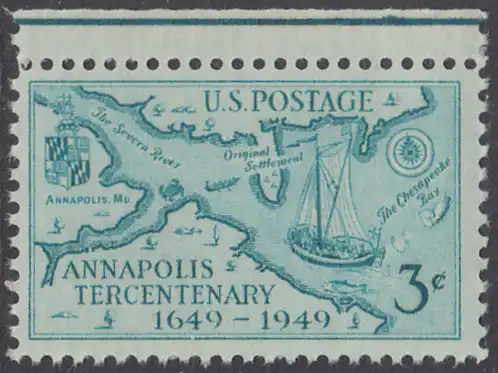 USA Michel 0598 / Scott 0984 postfrisch EINZELMARKE RAND oben - 300. Jahrestag der Gründung von Annapolis, MD; James Stodderts Landkarte mit der Mündung des Severn von 1718