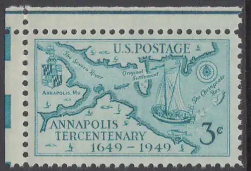 USA Michel 0598 / Scott 0984 postfrisch EINZELMARKE ECKRAND oben links - 300. Jahrestag der Gründung von Annapolis, MD; James Stodderts Landkarte mit der Mündung des Severn von 1718