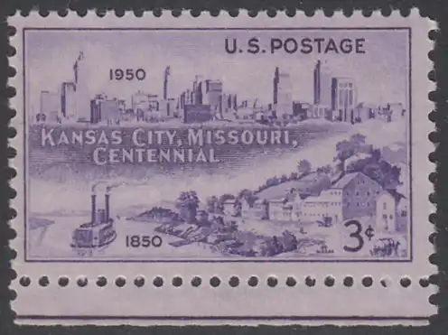 USA Michel 0612 / Scott 0994 postfrisch EINZELMARKE RAND unten - 100 Jahre Stadt Kansas City, MO: Westport-Landung (1850), Stadtsilhouette (1950) 