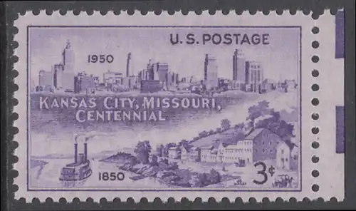 USA Michel 0612 / Scott 0994 postfrisch EINZELMARKE RAND rechts - 100 Jahre Stadt Kansas City, MO: Westport-Landung (1850), Stadtsilhouette (1950) 