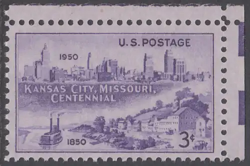 USA Michel 0612 / Scott 0994 postfrisch EINZELMARKE ECKRAND oben rechts - 100 Jahre Stadt Kansas City, MO: Westport-Landung (1850), Stadtsilhouette (1950) 