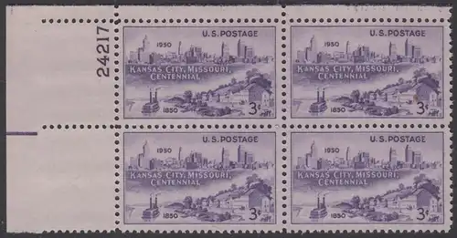 USA Michel 0612 / Scott 0994 postfrisch PLATEBLOCK ECKRAND oben links m/Platten-# 24217 - 100 Jahre Stadt Kansas City, MO: Westport-Landung (1850), Stadtsilhouette (1950) 