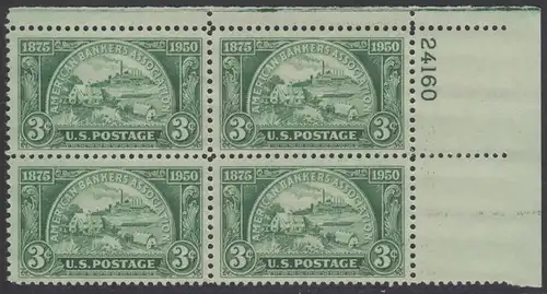 USA Michel 0605 / Scott 0987 postfrisch PLATEBLOCK ECKRAND oben rechts m/Platten-# 24160 - 75 Jahre Bankiers-Vereinigung: Geldstück mit Objekten für Bankwirtschaft