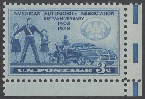 USA Michel 0625 / Scott 1007 postfrisch EINZELMARKE ECKRAND unten rechts - 50 Jahre Automobilclub von Amerika (AAA); Schülerlotse mit Schulkindern, Autos von 1902 und 1952