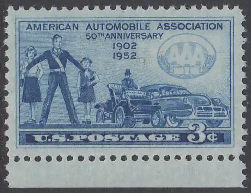 USA Michel 0625 / Scott 1007 postfrisch EINZELMARKE RAND unten - 50 Jahre Automobilclub von Amerika (AAA); Schülerlotse mit Schulkindern, Autos von 1902 und 1952