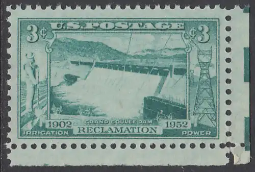 USA Michel 0628 / Scott 1009 postfrisch EINZELMARKE ECKRAND unten rechts - 50 Jahre Gemeinschaftsarbeit zur Erschließung der Wasserkräfte im Westen; Staumauer des Grand-Coulee-Staudamms, Columbia River, WA