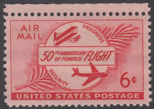 USA Michel 0640 / Scott C040 postfrisch Luftpost-EINZELMARKE RAND oben - 50 Jahre Motorflug: Flugzeuge von 1903 und 1953