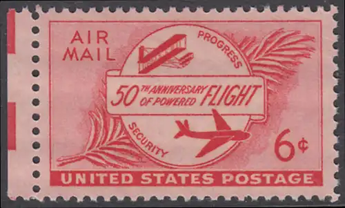 USA Michel 0640 / Scott C040 postfrisch Luftpost-EINZELMARKE RAND links - 50 Jahre Motorflug: Flugzeuge von 1903 und 1953