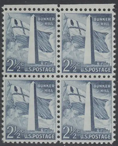 USA Michel 0655 / Scott 1034 postfrisch BLOCK RÄNDER oben - Bedeutende Amerikaner, Bauwerke:Flagge von Massachusetts (1776), Bunker-Hill-Denkmal in Boston