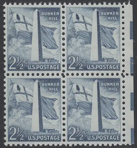 USA Michel 0655 / Scott 1034 postfrisch BLOCK RÄNDER rechts - Bedeutende Amerikaner, Bauwerke:Flagge von Massachusetts (1776), Bunker-Hill-Denkmal in Boston