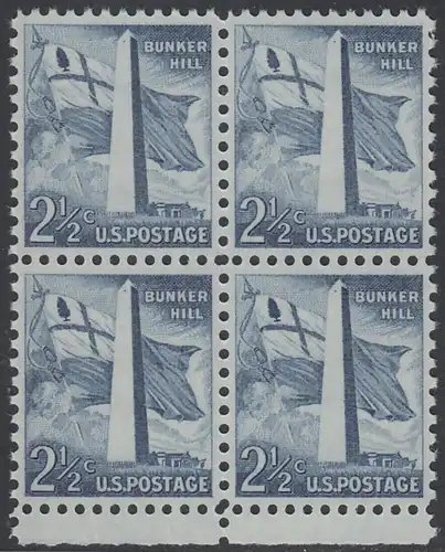 USA Michel 0655 / Scott 1034 postfrisch BLOCK RÄNDER unten - Bedeutende Amerikaner, Bauwerke:Flagge von Massachusetts (1776), Bunker-Hill-Denkmal in Boston