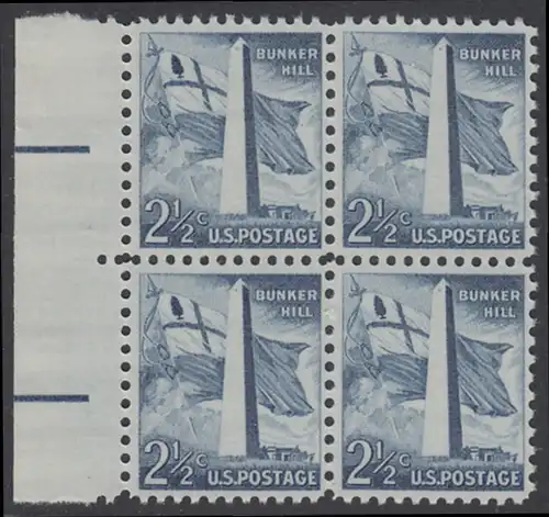 USA Michel 0655 / Scott 1034 postfrisch BLOCK RÄNDER links - Bedeutende Amerikaner, Bauwerke:Flagge von Massachusetts (1776), Bunker-Hill-Denkmal in Boston