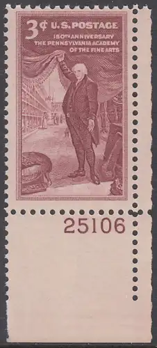 USA Michel 0684 / Scott 1064 postfrisch EINZELMARKE ECKRAND unten rechts m/Platten-# 25106 - 150 Jahre Kunstakademie in Philadelphia; Charles Willson Peale, Maler