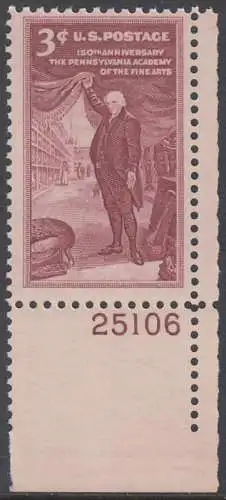 USA Michel 0684 / Scott 1064 postfrisch EINZELMARKE ECKRAND unten rechts m/Platten-# 25106 (a1) - 150 Jahre Kunstakademie in Philadelphia; Charles Willson Peale, Maler