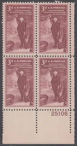 USA Michel 0684 / Scott 1064 postfrisch PLATEBLOCK ECKRAND unten rechts m/Platten-# 25106 (b) - 150 Jahre Kunstakademie in Philadelphia; Charles Willson Peale, Maler