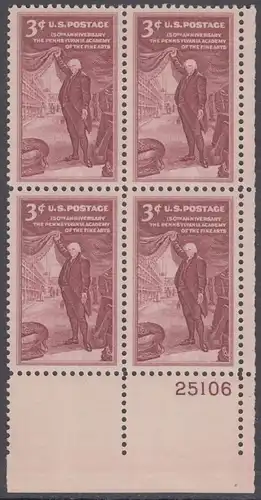 USA Michel 0684 / Scott 1064 postfrisch PLATEBLOCK ECKRAND unten rechts m/Platten-# 25106 (c) - 150 Jahre Kunstakademie in Philadelphia; Charles Willson Peale, Maler