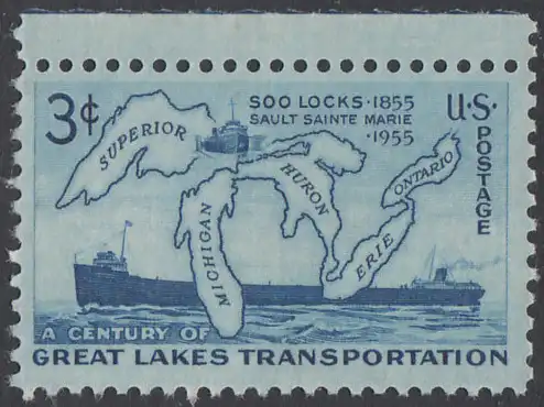 USA Michel 0690 / Scott 1069 postfrisch EINZELMARKE RAND oben - 100 Jahre Binnenseetransport: Landkarte der Großen Seen, Frachtschiff „Altadoc“