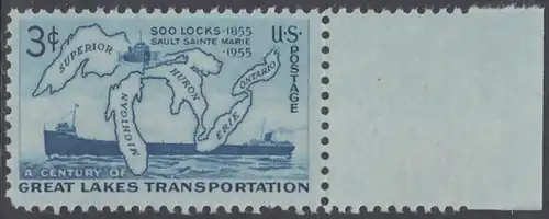 USA Michel 0690 / Scott 1069 postfrisch EINZELMARKE RAND rechts - 100 Jahre Binnenseetransport: Landkarte der Großen Seen, Frachtschiff „Altadoc“