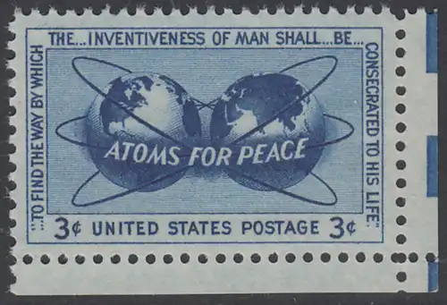 USA Michel 0691 / Scott 1070 postfrisch EINZELMARKE ECKRAND unten rechts - Atomkraft für den Frieden: Atomsymbol mit Erdhalbkugeln