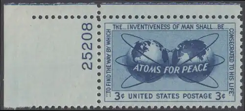 USA Michel 0691 / Scott 1070 postfrisch EINZELMARKE ECKRAND oben links m/Platten-# 25208 - Atomkraft für den Frieden: Atomsymbol mit Erdhalbkugeln