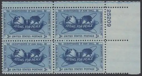 USA Michel 0691 / Scott 1070 postfrisch PLATEBLOCK ECKRAND oben rechts m/Platten-# 25209 (b) - Atomkraft für den Frieden: Atomsymbol mit Erdhalbkugeln