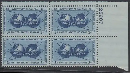 USA Michel 0691 / Scott 1070 postfrisch PLATEBLOCK ECKRAND oben rechts m/Platten-# 25207 (a) - Atomkraft für den Frieden: Atomsymbol mit Erdhalbkugeln