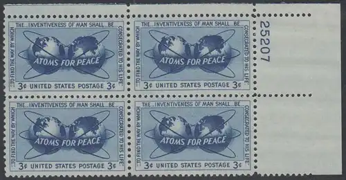 USA Michel 0691 / Scott 1070 postfrisch PLATEBLOCK ECKRAND oben rechts m/Platten-# 25207 (b) - Atomkraft für den Frieden: Atomsymbol mit Erdhalbkugeln