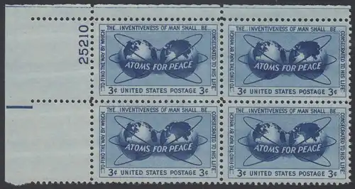 USA Michel 0691 / Scott 1070 postfrisch PLATEBLOCK ECKRAND oben links m/Platten-# 25210 - Atomkraft für den Frieden: Atomsymbol mit Erdhalbkugeln