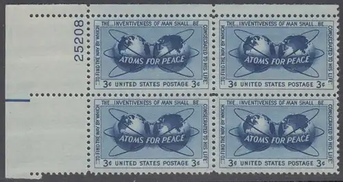 USA Michel 0691 / Scott 1070 postfrisch PLATEBLOCK ECKRAND oben links m/Platten-# 25208 (a) - Atomkraft für den Frieden: Atomsymbol mit Erdhalbkugeln