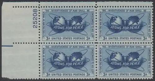 USA Michel 0691 / Scott 1070 postfrisch PLATEBLOCK ECKRAND oben links m/Platten-# 25208 (c) - Atomkraft für den Frieden: Atomsymbol mit Erdhalbkugeln