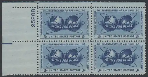 USA Michel 0691 / Scott 1070 postfrisch PLATEBLOCK ECKRAND oben links m/Platten-# 25208 (d) - Atomkraft für den Frieden: Atomsymbol mit Erdhalbkugeln