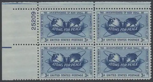 USA Michel 0691 / Scott 1070 postfrisch PLATEBLOCK ECKRAND oben links m/Platten-# 25209 - Atomkraft für den Frieden: Atomsymbol mit Erdhalbkugeln