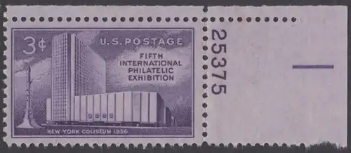 USA Michel 0698 / Scott 1076 postfrisch EINZELMARKE ECKRAND oben rechts m/Platten-# 25375 - 5. Internationale Briefmarkenausstellung FIPEX, New York, Kolumbus-Denkmal 
