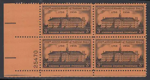 USA Michel 0705 / Scott 1083 postfrisch PLATEBLOCK ECKRAND unten links m/Platten-# 25470 (d) - 200 Jahre Nassau Hall, Princeton-Universität, Princeton, NJ 