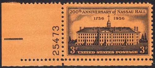 USA Michel 0705 / Scott 1083 postfrisch EINZELMARKE ECKRAND unten links m/Platten-# 25473 - 200 Jahre Nassau Hall, Princeton-Universität, Princeton, NJ 
