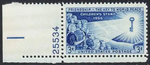 USA Michel 0707 / Scott 1085 postfrisch EINZELMARKE ECKRAND unten links m/Platten-# 25534 - Beitrag der Kinder zum Weltfrieden