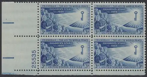 USA Michel 0707 / Scott 1085 postfrisch PLATEBLOCK ECKRAND unten links m/Platten-# 25535 - Beitrag der Kinder zum Weltfrieden