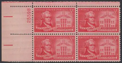 USA Michel 0708 / Scott 1086 postfrisch PLATEBLOCK ECKRAND oben links m/Platten-# 25598 - 200. Geburtstag von Alexander Hamilton, Politiker; Federal Hall, New York