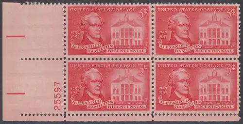 USA Michel 0708 / Scott 1086 postfrisch PLATEBLOCK ECKRAND unten links m/Platten-# 25597 - 200. Geburtstag von Alexander Hamilton, Politiker; Federal Hall, New York
