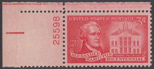 USA Michel 0708 / Scott 1086 postfrisch EINZELMARKE ECKRAND oben links m/Platten-# 25533 - 200. Geburtstag von Alexander Hamilton, Politiker; Federal Hall, New York