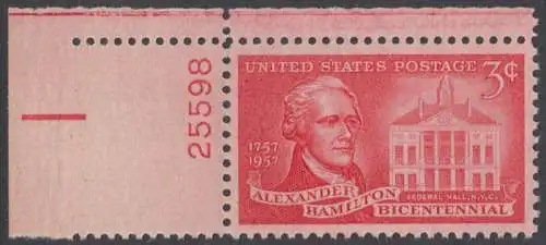 USA Michel 0708 / Scott 1086 postfrisch EINZELMARKE ECKRAND oben links m/Platten-# 25598 - 200. Geburtstag von Alexander Hamilton, Politiker; Federal Hall, New York