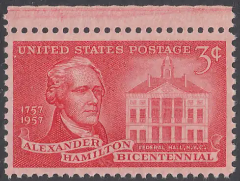 USA Michel 0708 / Scott 1086 postfrisch EINZELMARKE RAND oben - 200. Geburtstag von Alexander Hamilton, Politiker; Federal Hall, New York