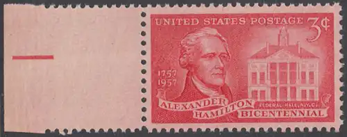 USA Michel 0708 / Scott 1086 postfrisch EINZELMARKE RAND links - 200. Geburtstag von Alexander Hamilton, Politiker; Federal Hall, New York