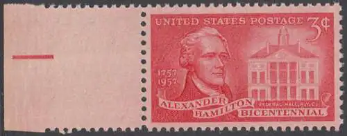 USA Michel 0708 / Scott 1086 postfrisch EINZELMARKE RAND links (a1) - 200. Geburtstag von Alexander Hamilton, Politiker; Federal Hall, New York