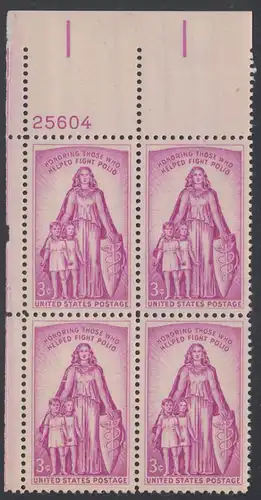 USA Michel 0709 / Scott 1087 postfrisch PLATEBLOCK ECKRAND oben links m/Platten-# 25604 (m) - Kampf gegen die Kinderlähmung; Symbol des Kinderschutzes