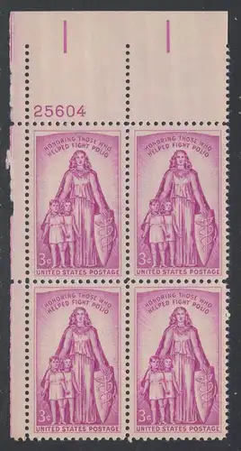 USA Michel 0709 / Scott 1087 postfrisch PLATEBLOCK ECKRAND oben links m/Platten-# 25604 (n) - Kampf gegen die Kinderlähmung; Symbol des Kinderschutzes