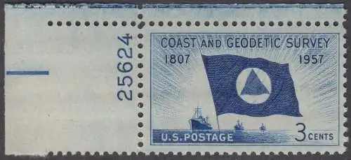 USA Michel 0710 / Scott 1088 postfrisch EINZELMARKE ECKRAND oben links m/Platten-# 25624 - 150 Jahre Küsten- und Landvermessung; Flagge und Schiffe des Küstenvermessungsdienstes 