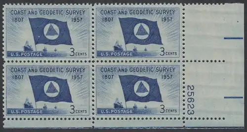 USA Michel 0710 / Scott 1088 postfrisch PLATEBLOCK ECKRAND unten rechts m/Platten-# 25623 - 150 Jahre Küsten- und Landvermessung; Flagge und Schiffe des Küstenvermessungsdienstes 